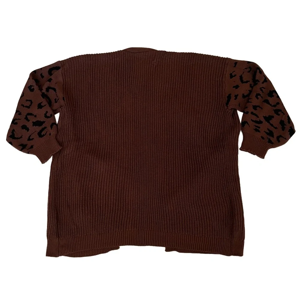 Bloomchic Brown Leopard Print Lantern Sleeve Cardigan Sweater‎ - Picture 4 of 9